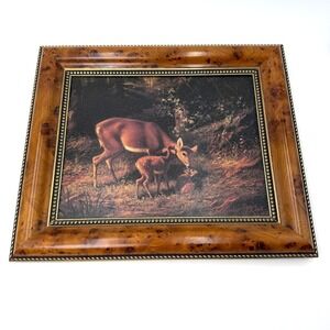 Vintage A.F. Tait 1871 Doe Fawn Deer Wildlife Canvas Print Burled Wood Frame Art